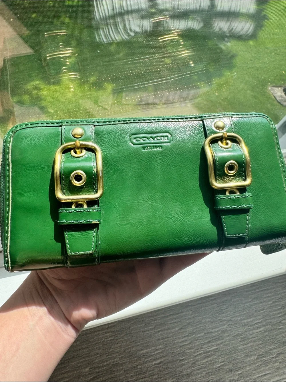 COACH Green Leather Zip Wallet with Gold Buckles